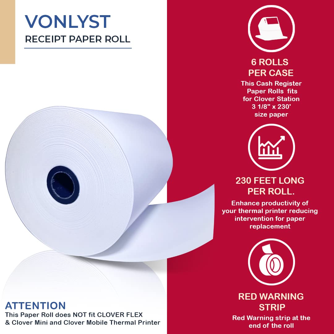 Vonlyst Thermal Receipt Paper Rolls 3 1/8" x 230' for Clover Station (06 rolls)