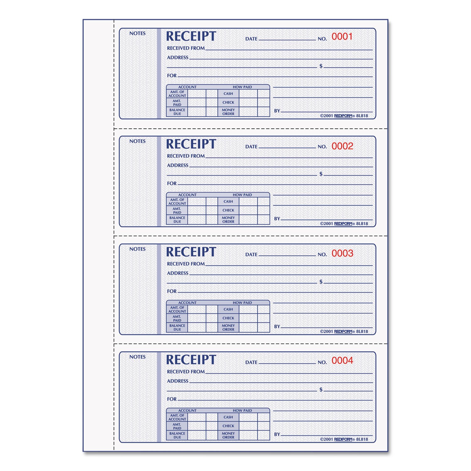 Rediform® Money Receipt Book, Hardcover, Three-Part Sets, White/Yellow/Pink, 200 Carbonless Numbered Triplicate Forms, 2.75" x 7" (8L818)