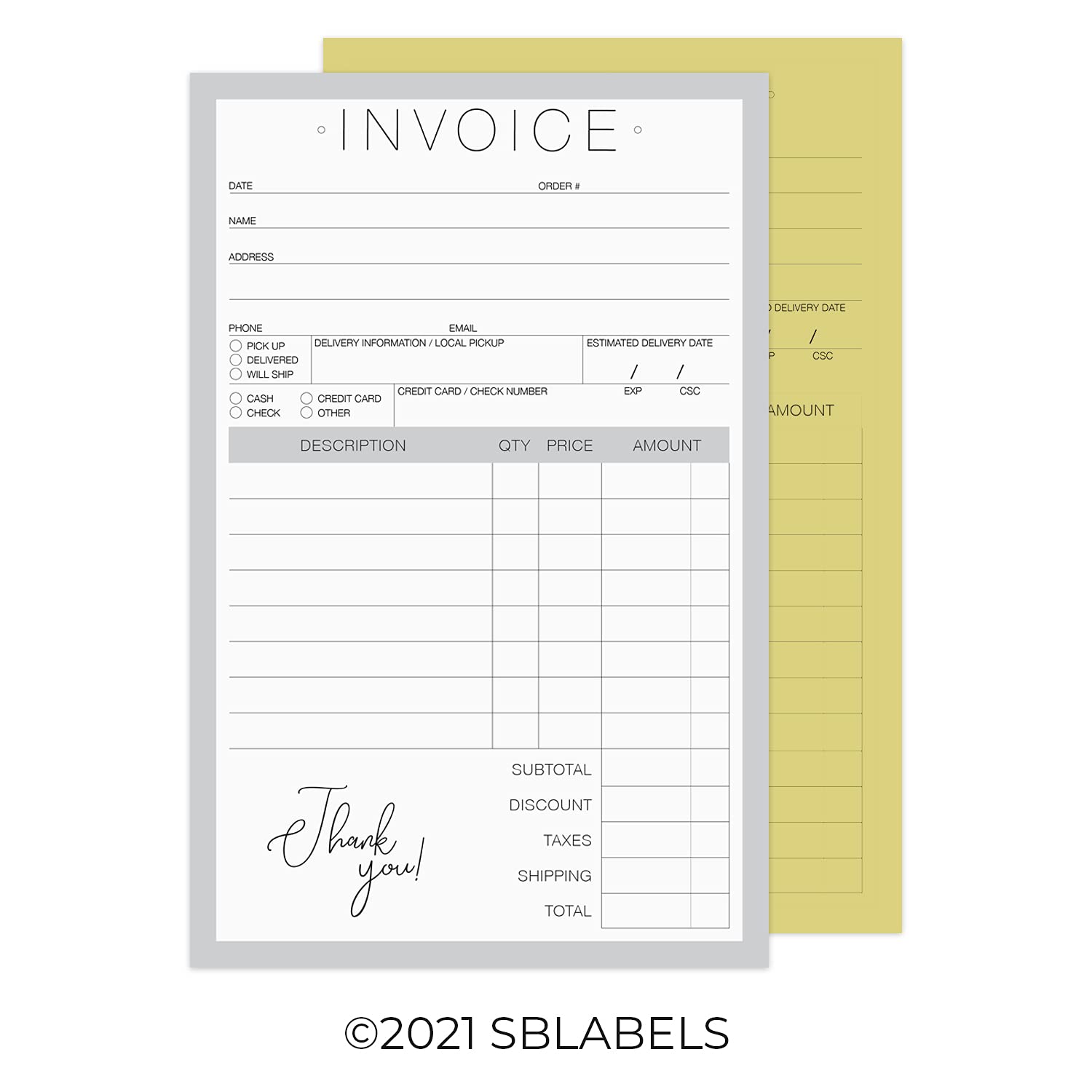 Chic 2-Part Carbonless Invoice Form Pad / 50 Sheets Per Pad / 5.5" x 8.5" Carbon Copy Purchase Sales Receipt Book