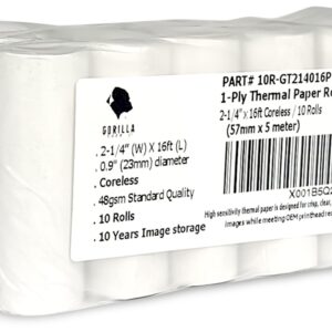 (10) Gorilla Supply Coreless Thermal Paper Roll 2 1/4 x 16, 1ply Poynt Smart Payment Terminal Receipt Printer Paper Rolls 2.25 x 16 ft, BPA Free, 10 Rolls