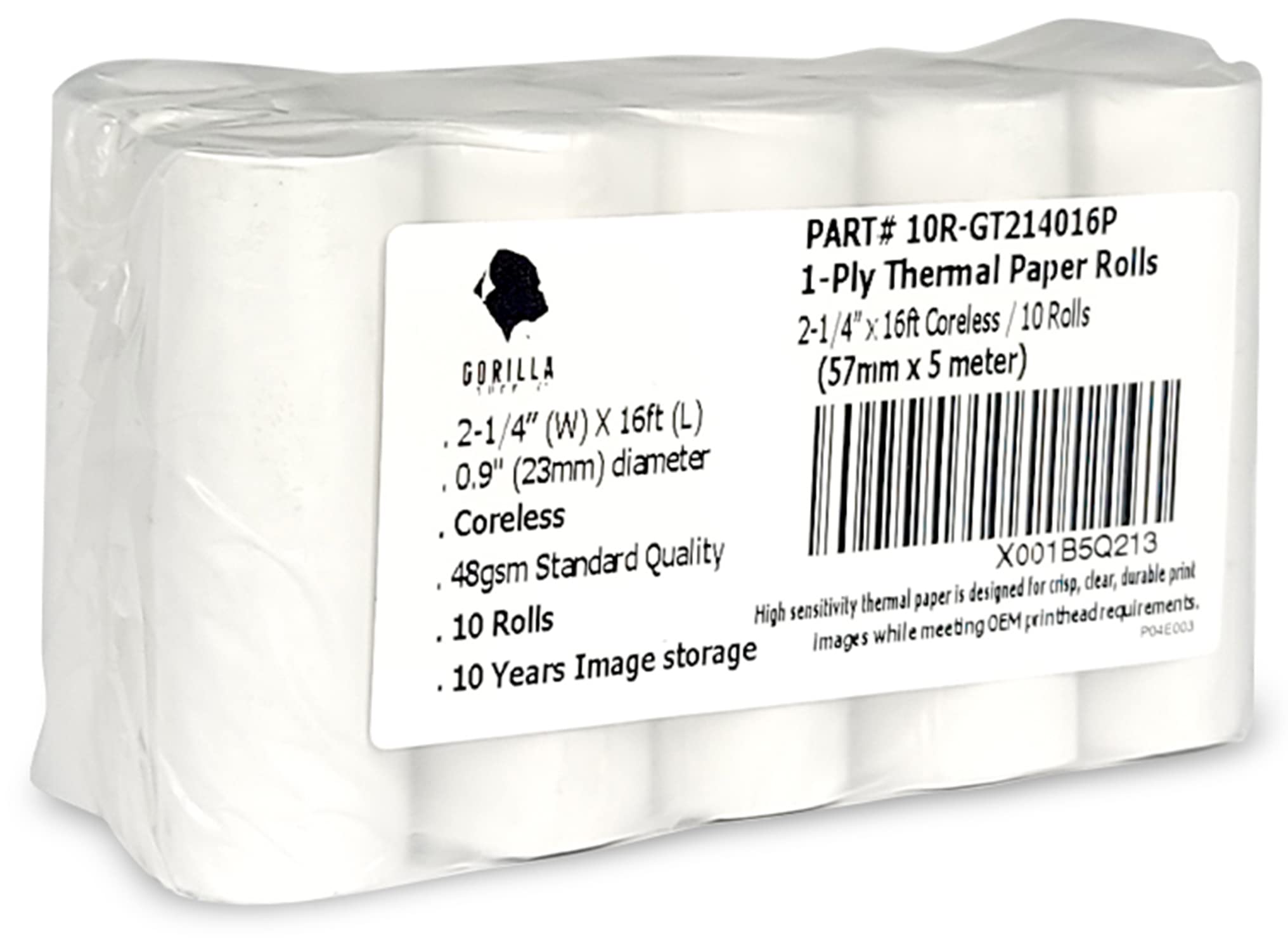 (10) Gorilla Supply Coreless Thermal Paper Roll 2 1/4 x 16, 1ply Poynt Smart Payment Terminal Receipt Printer Paper Rolls 2.25 x 16 ft, BPA Free, 10 Rolls