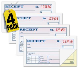 1intheoffice money rent receipt book, 2 part carbonless, 2.75" x 4.78", 250 sheets/book, 4 pack