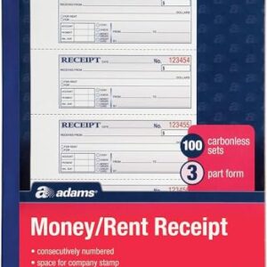 Adams Money and Rent Receipt Book, 3-Part, Carbonless, White/Canary/Pink,7 5/8" x 10 7/8", 100 Sets per Book (TC1182) (12 pack) (two 6 packs)