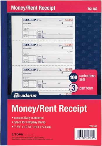 Adams Money and Rent Receipt Book, 3-Part, Carbonless, White/Canary/Pink,7 5/8" x 10 7/8", 100 Sets per Book (TC1182) (12 pack) (two 6 packs)