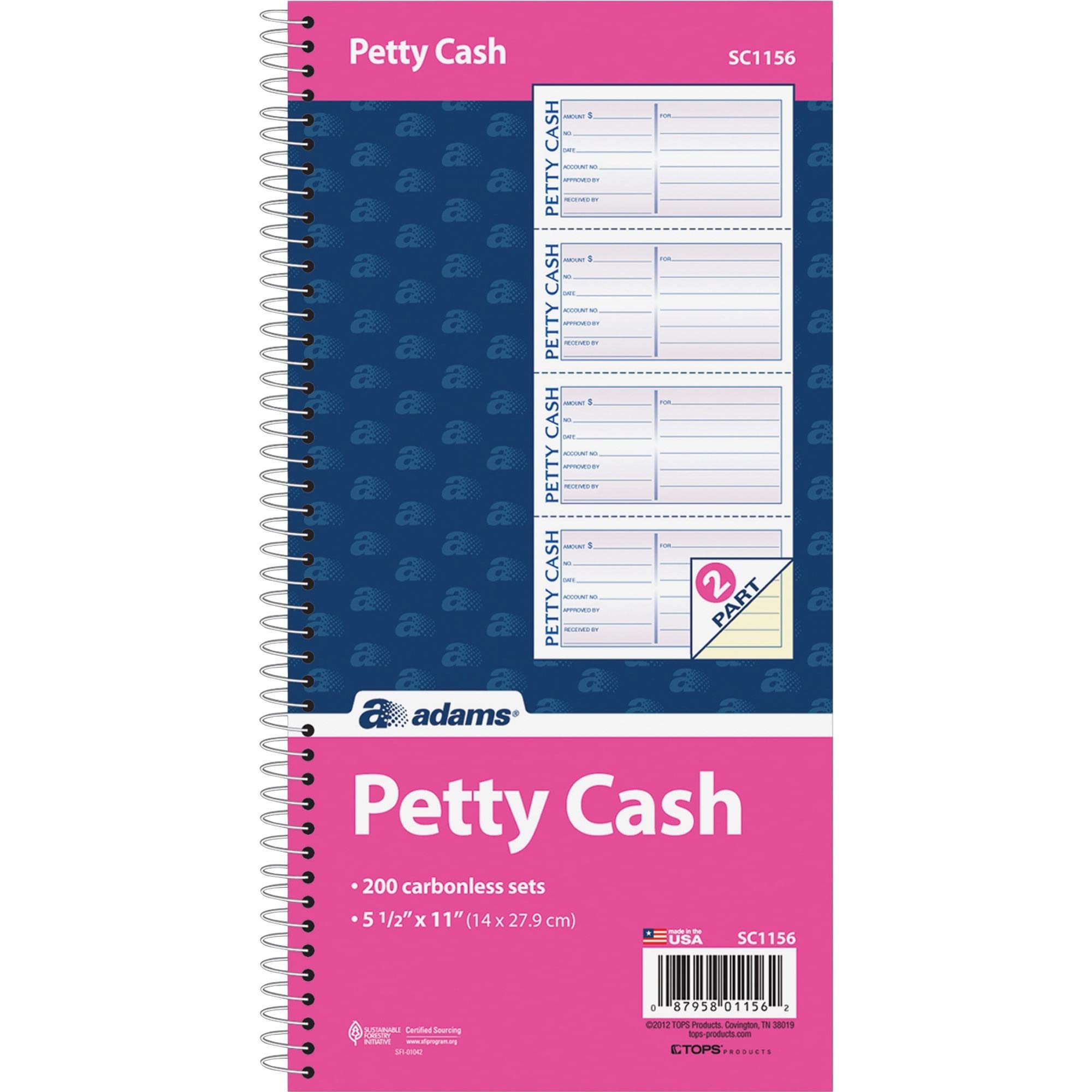 Adams Spiral Petty Cash Book, 2-Part, Carbonless, 4 Messages per Page, 200 Sets per Book (SC1156)