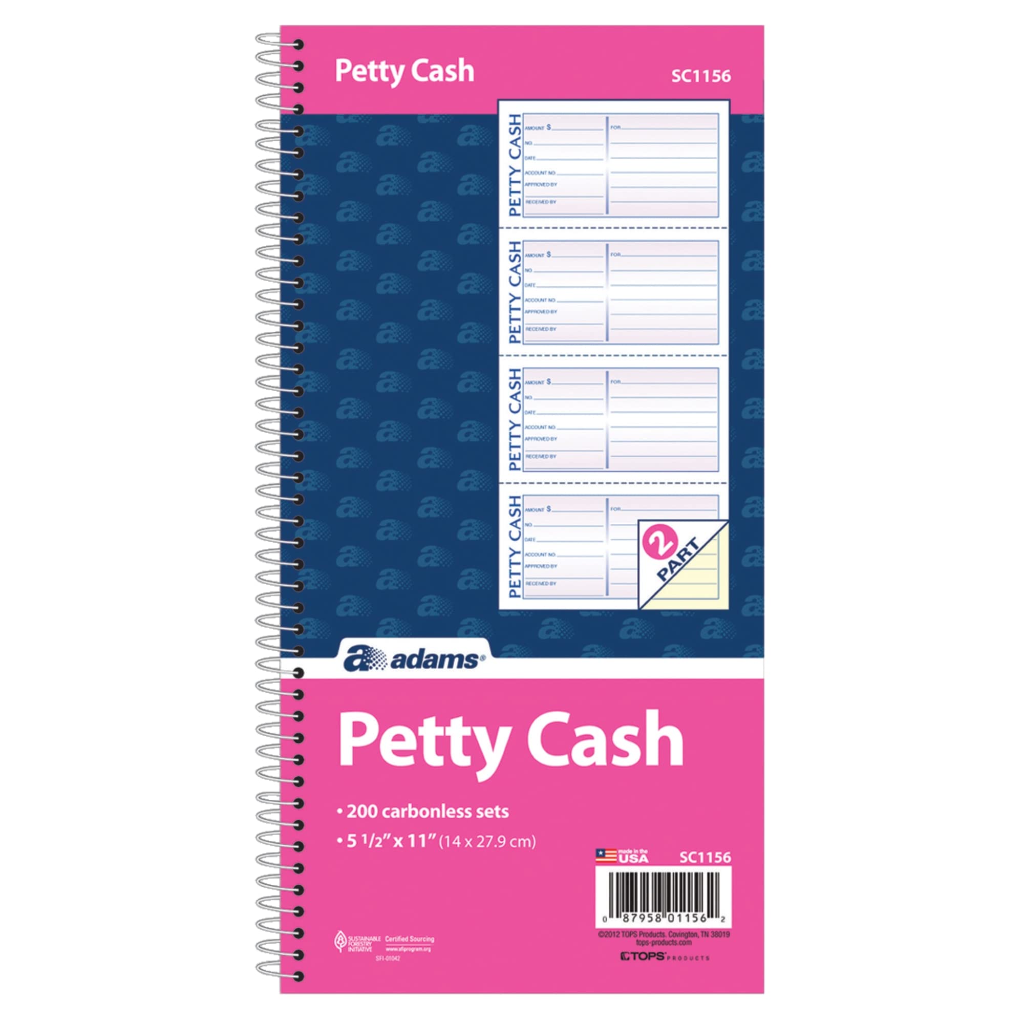 Adams Spiral Petty Cash Book, 2-Part, Carbonless, 4 Messages per Page, 200 Sets per Book (SC1156)