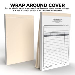 Custom Carbonless NCR Sales Invoice Form Books 5.5 x 8.5 Inches - NCR 2-Part Staple Bound Pads with Manila Cover Personalized with Company Name and Number Printed (100 Sets)