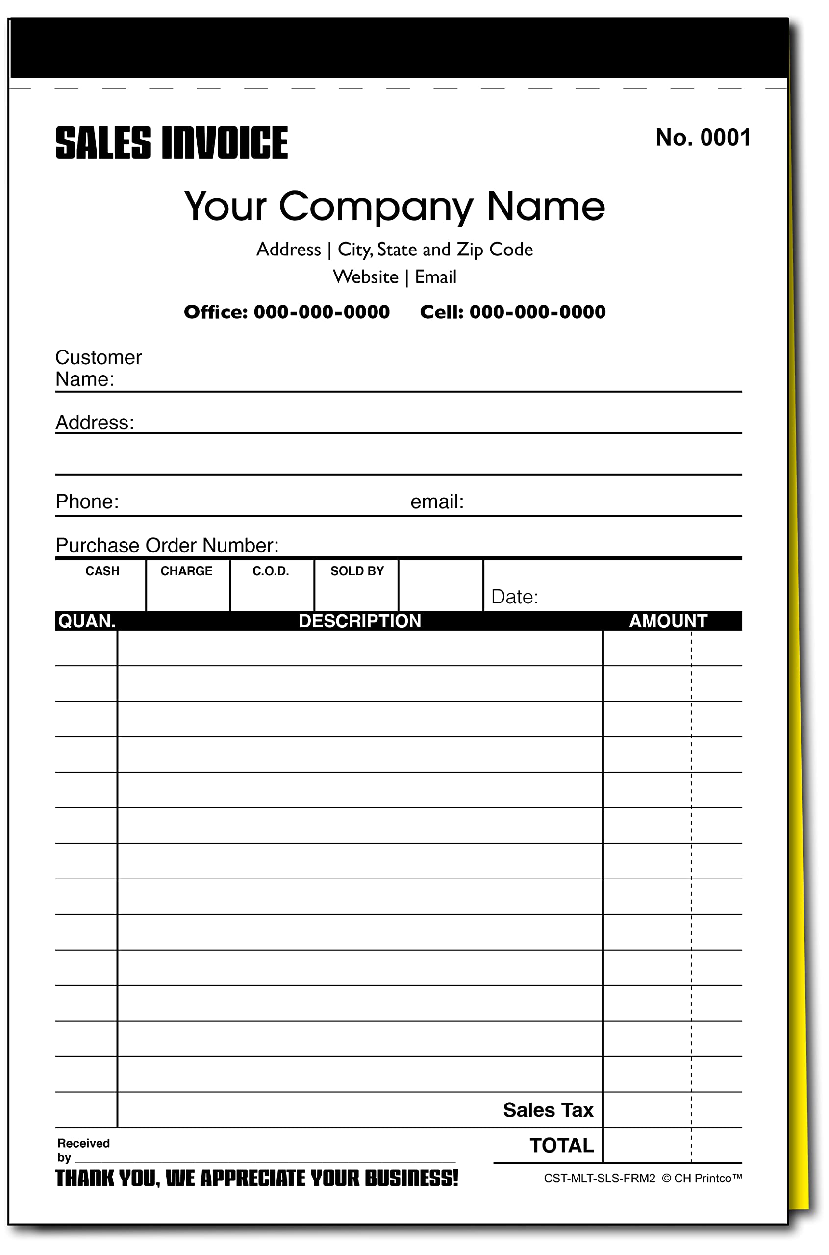 Custom Sales Invoice Personalized Duplicate Carbonless Form with Your Company Name - 2 Books (100 Sets) Numbered