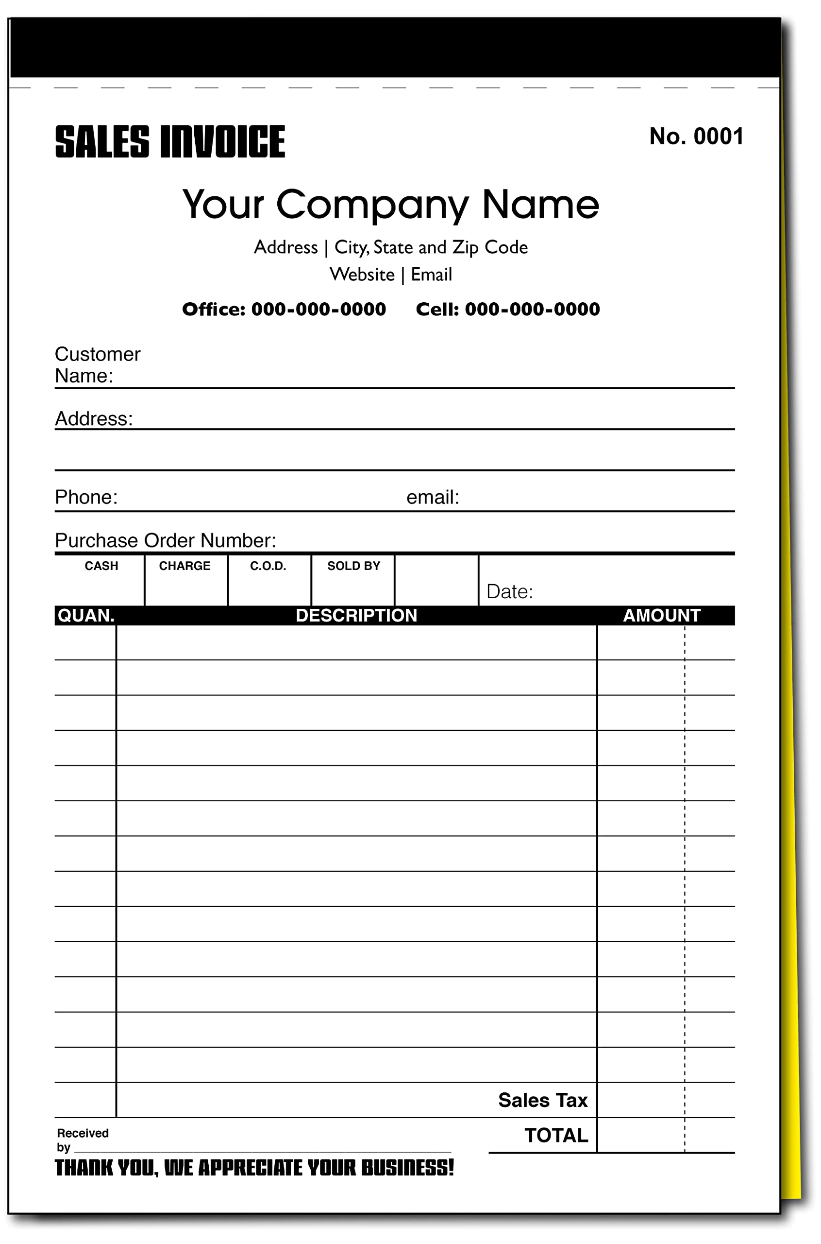 Custom Sales Invoice Personalized Duplicate Carbonless Form with Your Company Name - 2 Books (100 Sets) Numbered