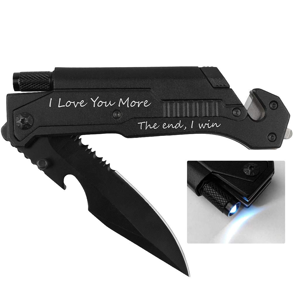 Fanfoobi Engraved Hunting Pocket Knife, I Love You More, Pocket Knife for Men with 6 Functions, LED Light, Fire Starter, Bottle Opener,Seat Belt Cutter,Glass Breaker, Mens Pocket Knife