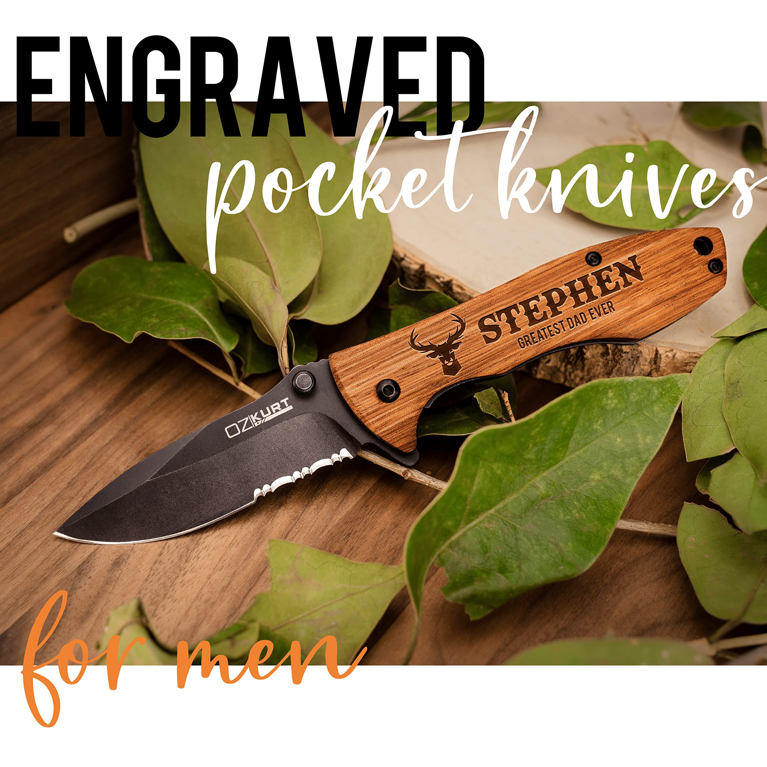 Gifts for Men, Personalized Engraved Oak Wood Pocket Knife - 36 Icons, 20 Stylish Font - Custom Pocket Knives