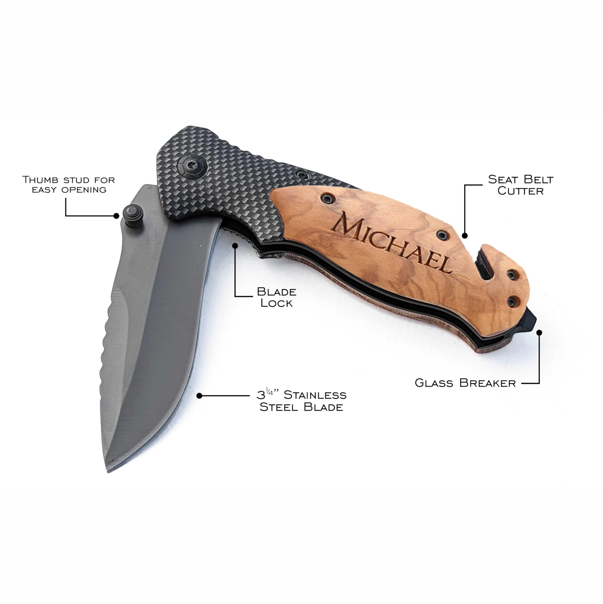 Personalized Engraved Wood Handle Pocket Knife - Personalized Gift for Men - Custom Box Included