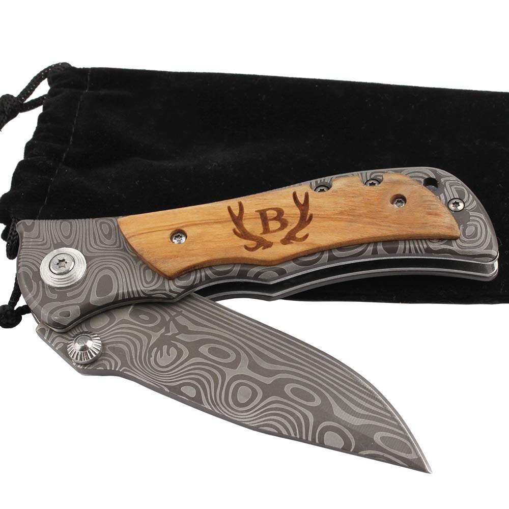 Fanfoobi Laser Engraved Pocket Knife with monogrammed B(from Alphabet 26 A-Z), Men Anniversary Present, Knife For Men