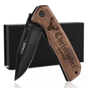 Gifts for Men, Personalized Engraved Walnut Wood Pocket Knife - 36 Icons, 13 Stylish Font - Custom Knives