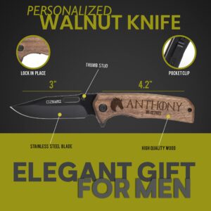 Gifts for Men, Personalized Engraved Walnut Wood Pocket Knife - 36 Icons, 13 Stylish Font - Custom Knives