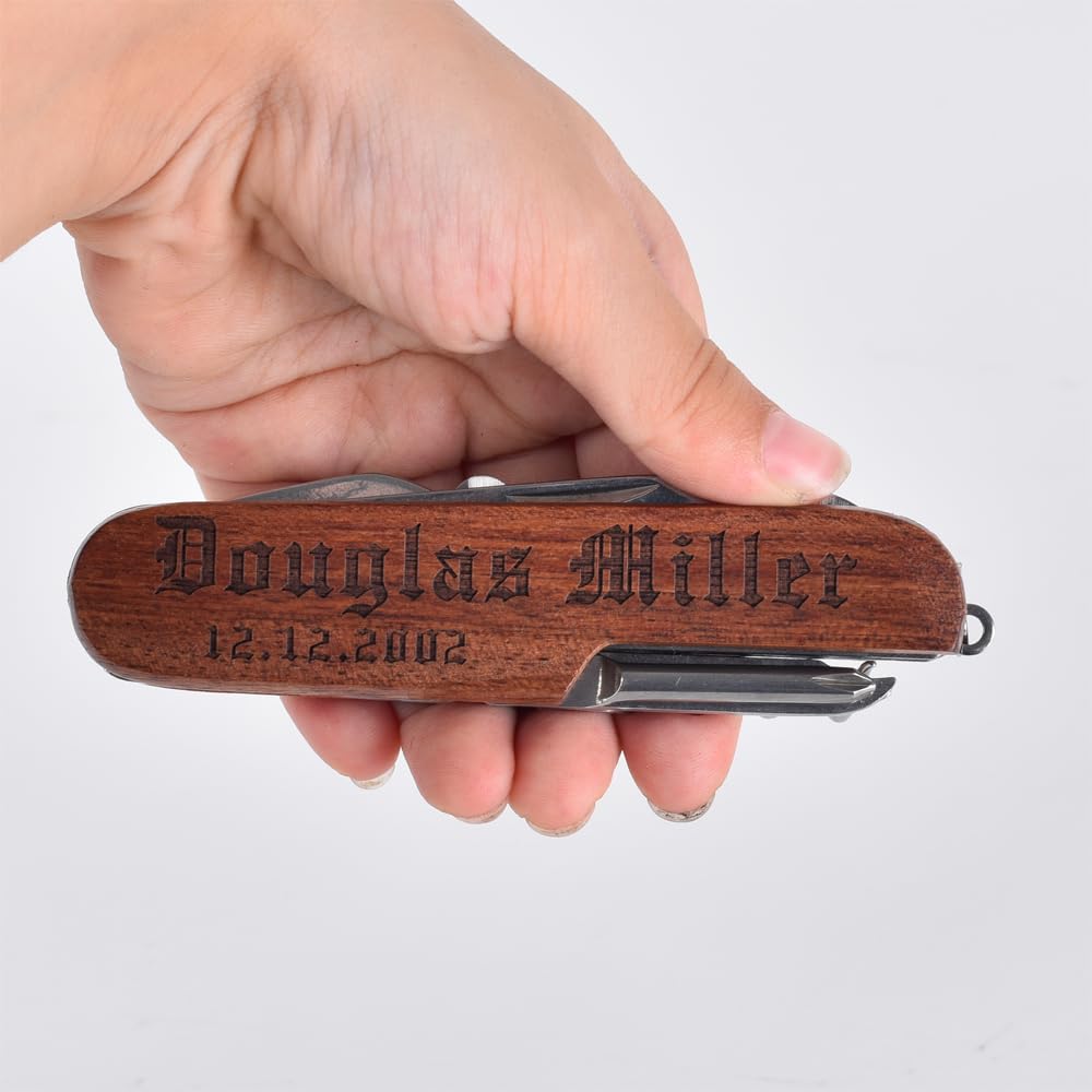 Personalized Pocket Knife, Custom Engraved wooden handle 8-Function Multi-Tool Pocket Knife, Gifts For Men, Dad, Husband, Brother (Rosewood-01)