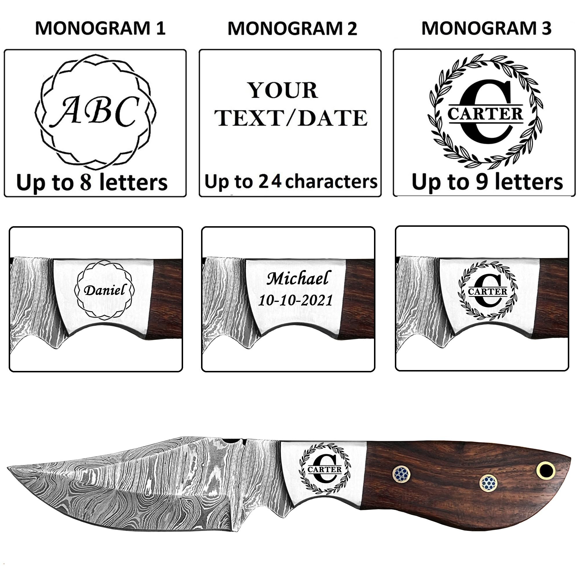 WINTERFELL Personalized Fixed Blade Damascus Hunting Knife with Sheath, Engraved Custom Gifts For Hunter, Customized Gift For Husband, Dad, Son, Unique Father's Day Gift (Brown)