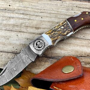 WINTERFELL Personalized Damascus Steel Pocket Folding Knife Stag Antler Handle 6.5", Customized Gift for Husband Dad, Custom Groomsmen Gifts, Best Man Gifts for Wedding