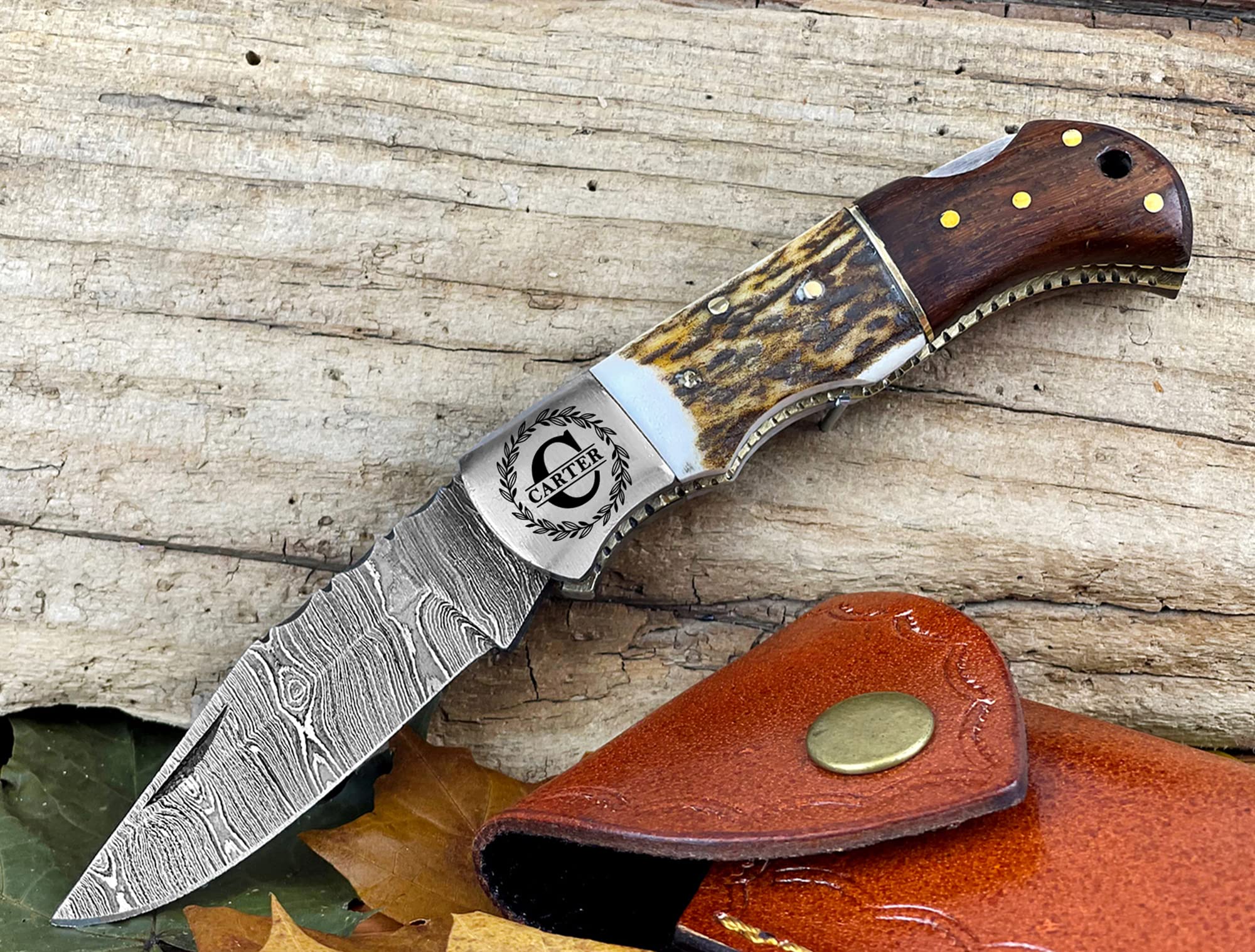 WINTERFELL Personalized Damascus Steel Pocket Folding Knife Stag Antler Handle 6.5", Customized Gift for Husband Dad, Custom Groomsmen Gifts, Best Man Gifts for Wedding