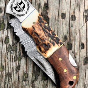 WINTERFELL Personalized Damascus Steel Pocket Folding Knife Stag Antler Handle 6.5", Customized Gift for Husband Dad, Custom Groomsmen Gifts, Best Man Gifts for Wedding