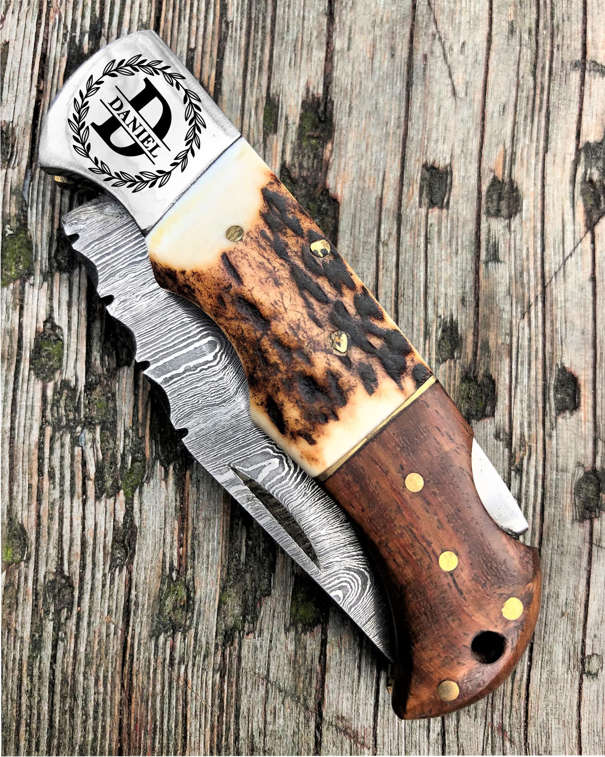 WINTERFELL Personalized Damascus Steel Pocket Folding Knife Stag Antler Handle 6.5", Customized Gift for Husband Dad, Custom Groomsmen Gifts, Best Man Gifts for Wedding