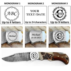 WINTERFELL Personalized Damascus Steel Pocket Folding Knife Stag Antler Handle 6.5", Customized Gift for Husband Dad, Custom Groomsmen Gifts, Best Man Gifts for Wedding