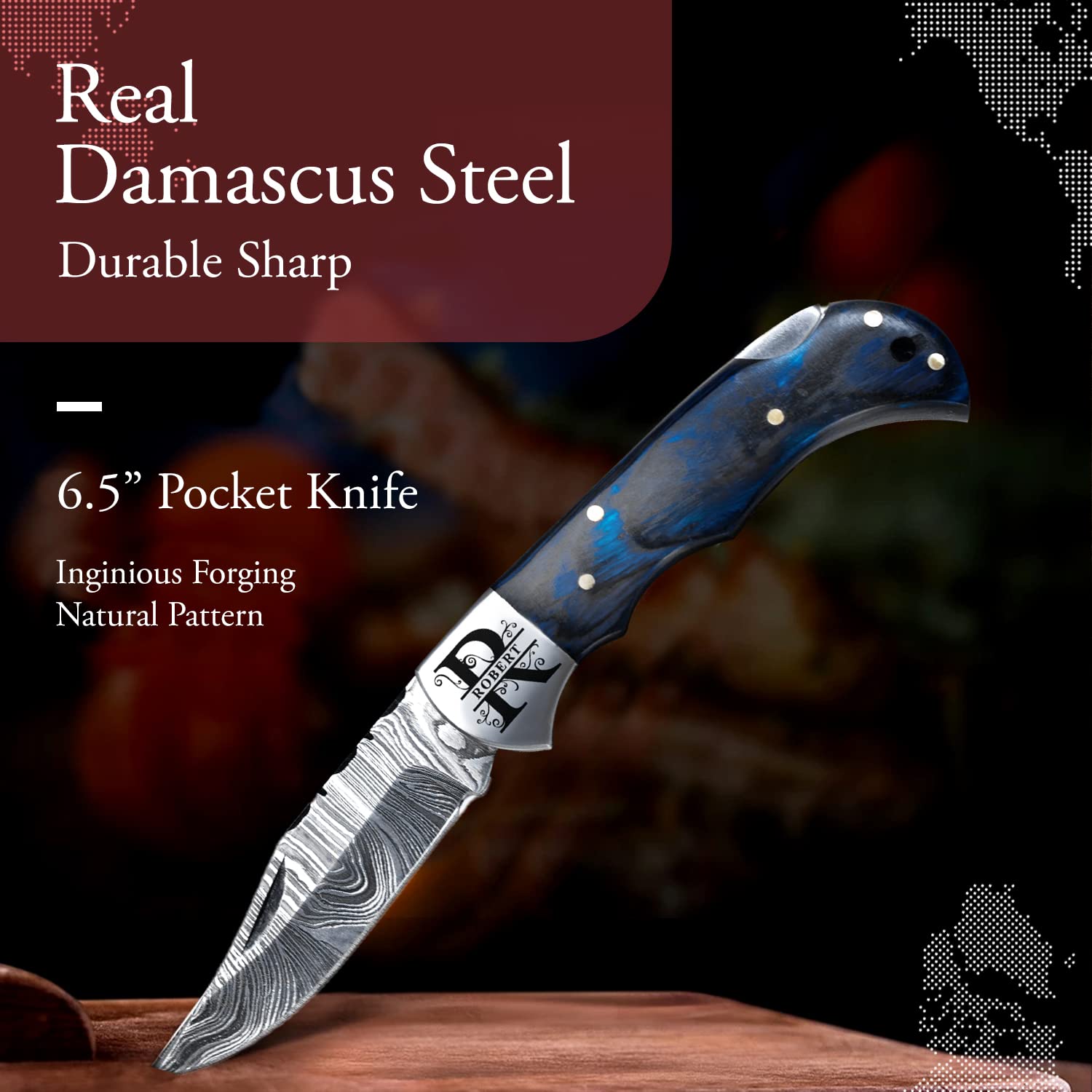 Morf Steelware Customized Damascus Steel Pocket Knife Handmade Folding Knives Small Pocket Knife for Outdoor, Camping, Hiking (Personalized Blue Pakka Wood)