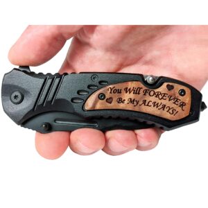 Smoky Tree Wedding Anniversary Present for Him - Gifts for Men Who Have Everything - Birthday Gift for Husband, Boyfriend - Fishing Gift for Men - Engraved Pocket Knives Multitool (You will forever)