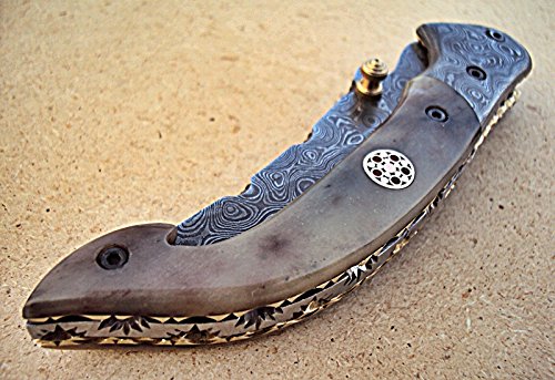 Limited Edition - FNA-32 Custom Handmade Damascus Steel Folding Knife - Beautiful Camel Bone Handle with Damascus Steel Bolsters