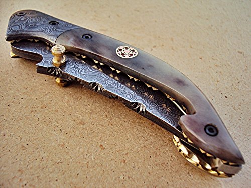 Limited Edition - FNA-32 Custom Handmade Damascus Steel Folding Knife - Beautiful Camel Bone Handle with Damascus Steel Bolsters