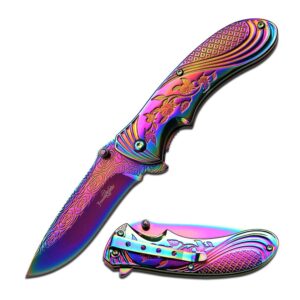 femme fatale – spring assisted open folding pocket knife – rainbow tinite coated stainless steel blade and handle w/stamped rose design and pocket clip, edc, self defense – ff-a008rb