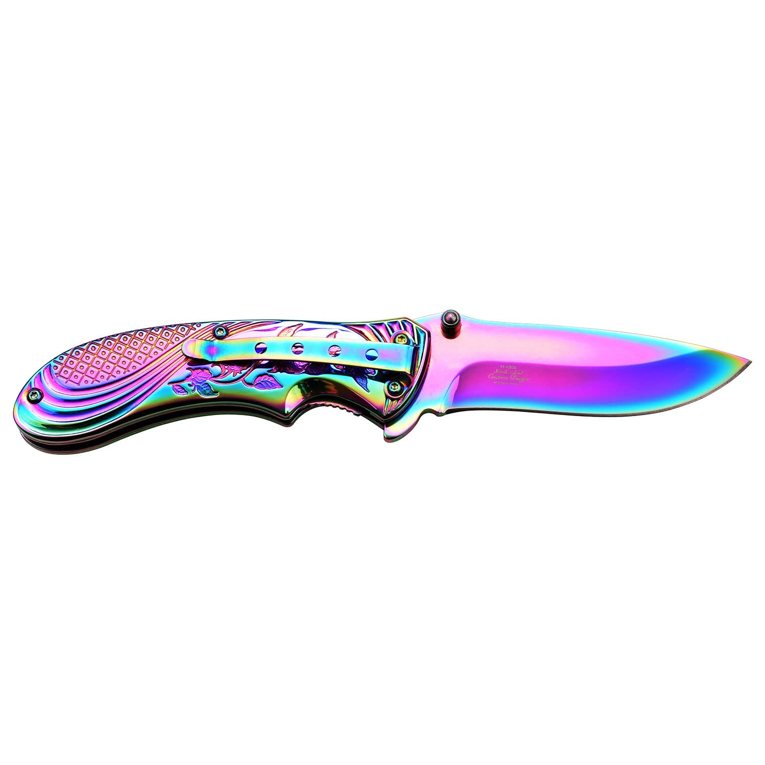 FEMME FATALE – Spring Assisted Open Folding Pocket Knife – Rainbow TiNite Coated Stainless Steel Blade and Handle w/Stamped Rose Design and Pocket Clip, EDC, Self Defense – FF-A008RB