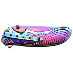 FEMME FATALE – Spring Assisted Open Folding Pocket Knife – Rainbow TiNite Coated Stainless Steel Blade and Handle w/Stamped Rose Design and Pocket Clip, EDC, Self Defense – FF-A008RB