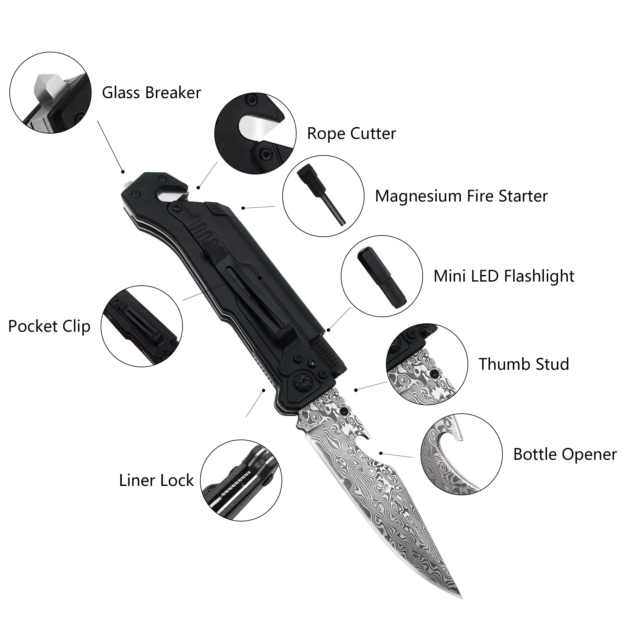 ALBATROSS 6-in-1 Modern Damascus Steel Folding Pocket Knives with LED Light,Seatbelt Cutter,Glass Breaker,Magnesium Fire Starter,Bottle Opener;Multi-Function Emergency Tool(Black-3)