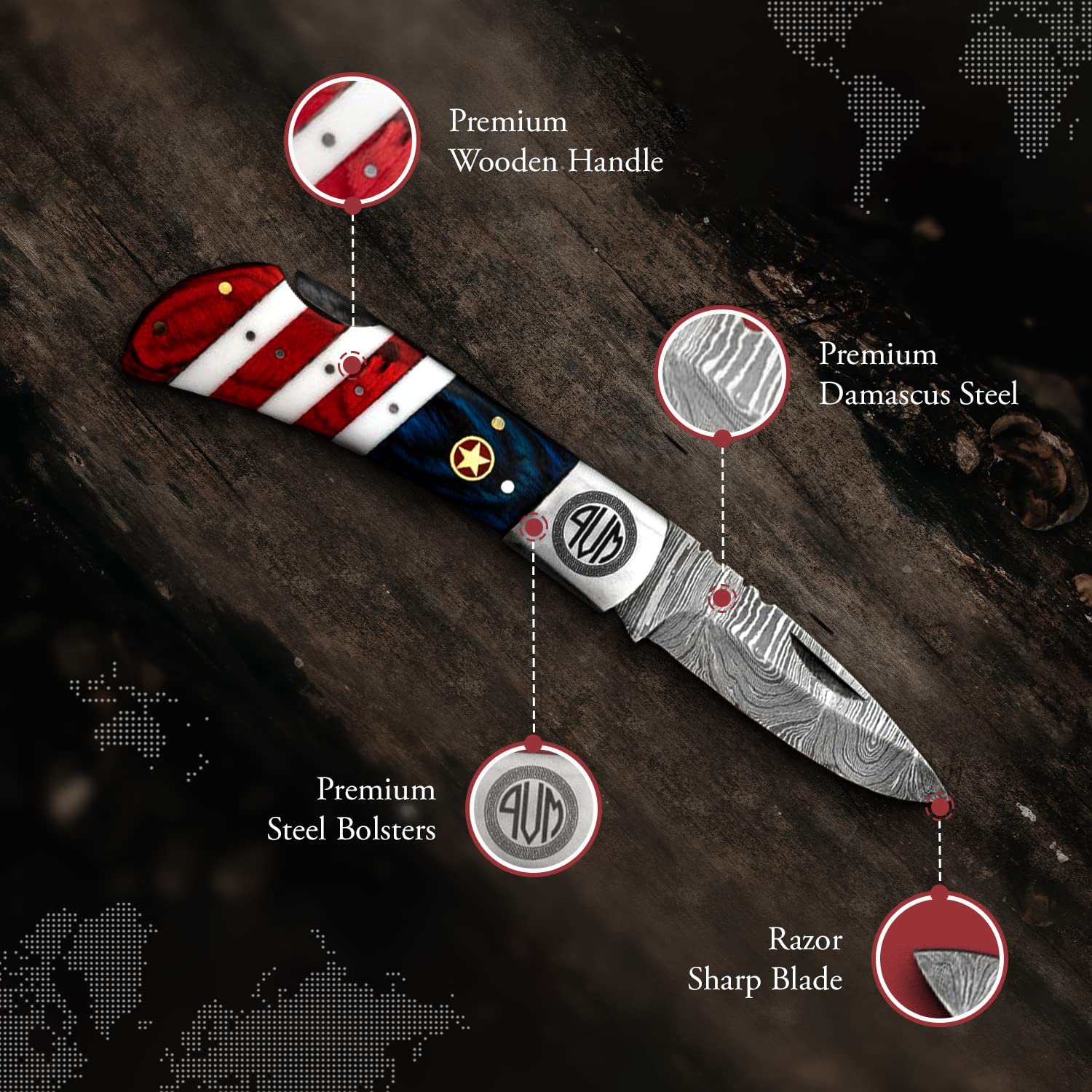 Morf Steelware Customized American Flag Damascus Pocket Knife, USA Patriotic Damascus Folding Knife Survival Pocket Knife for Men, Handmade Camping & Hunting Knife With Sheath