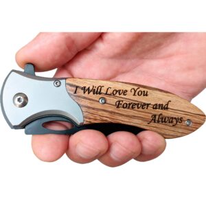 engraved pocket knife for mens - anniversary unique gifts for him - wood handle folding knife with clip - christmas birthday gift - presents for men, husband, boyfriend gifts (forever and always)