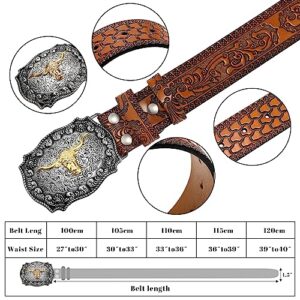 Jadive Western Leather Buckle Belts Cowboy Longhorn Bull Pattern Buckle Belt Floral Engraved Buckle Belt for Men (Camel, 45 Inch)