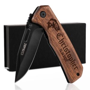 personalized pocket knife - engraved pocket knife with walnut wood handle - 36 icons, 13 stylish font, custom gifts for men