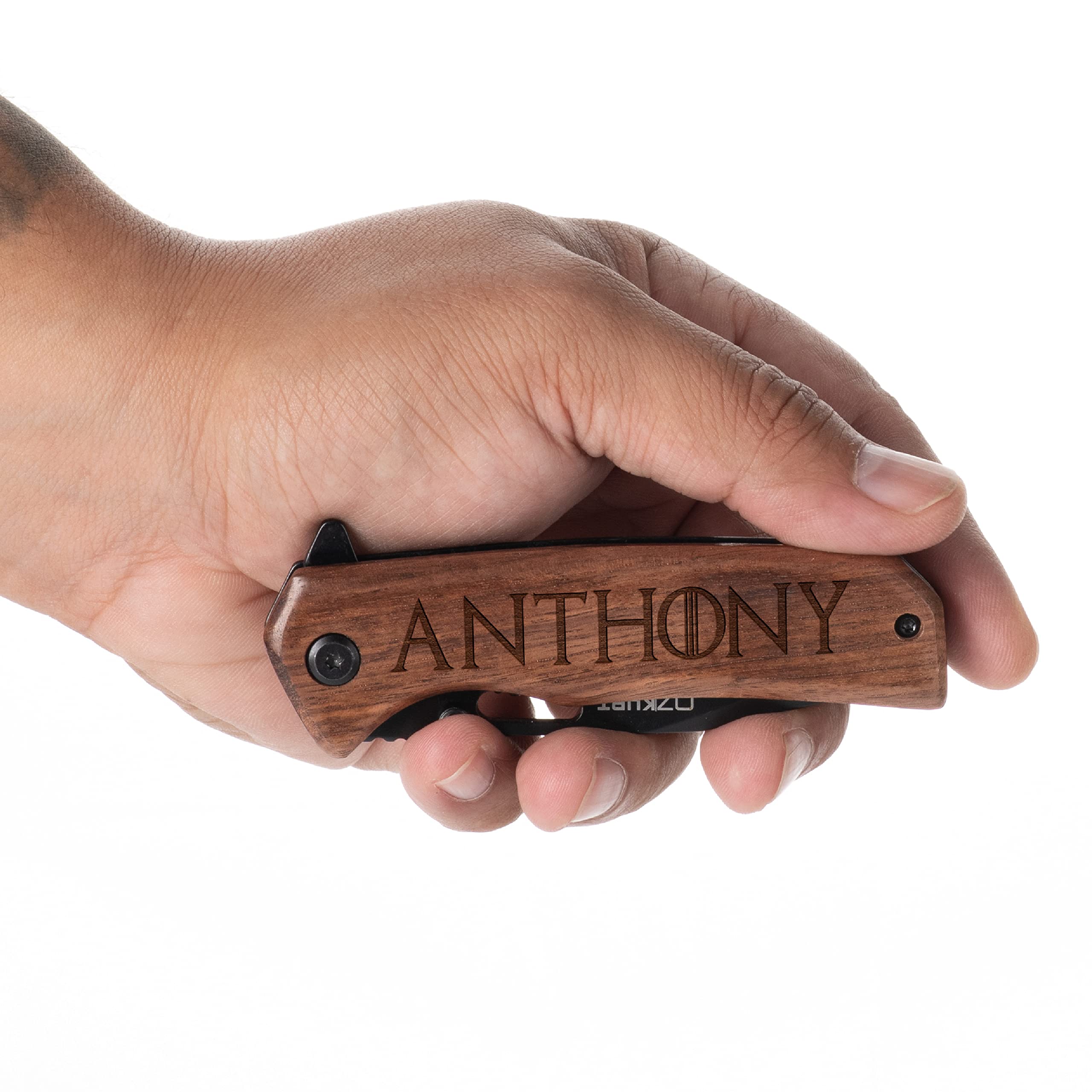 Personalized Pocket Knife - Engraved Pocket Knife with Walnut Wood Handle - 36 Icons, 13 Stylish Font, Custom Gifts for Men