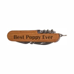 Grandpa Gifts Best Poppy Ever Wooden 8-Function Multi-Tool Pocket Knife Laser Engraved Dark Wood Folding Knife Fathers Day, Christmas Present