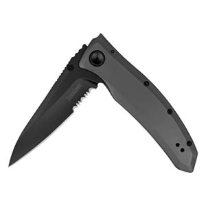 Kershaw Grid Folding Pocket Knife, 3.7 inch Black Serrated Blade, Steel Handle, Pocketclip