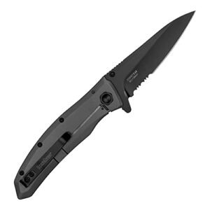 Kershaw Grid Folding Pocket Knife, 3.7 inch Black Serrated Blade, Steel Handle, Pocketclip