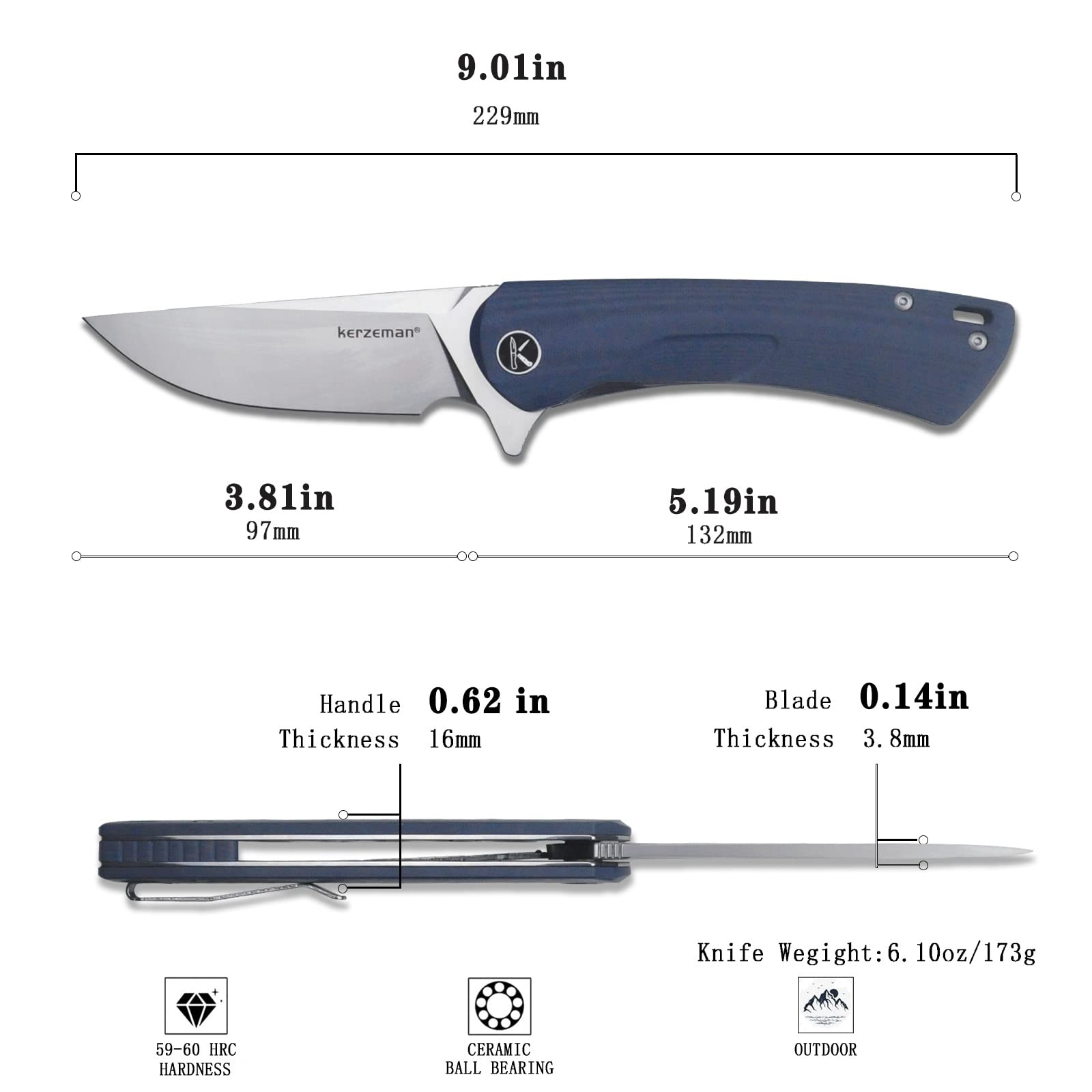 KERZEMAN Folding Pocket Knife, 3.81 "D2 Steel Knife G10 Handle EDC Knife, With Pocket Clip, Liner Lock, Sharp Survival Knife, Camping Survival Hiking Knife KZ-628-G10-BU