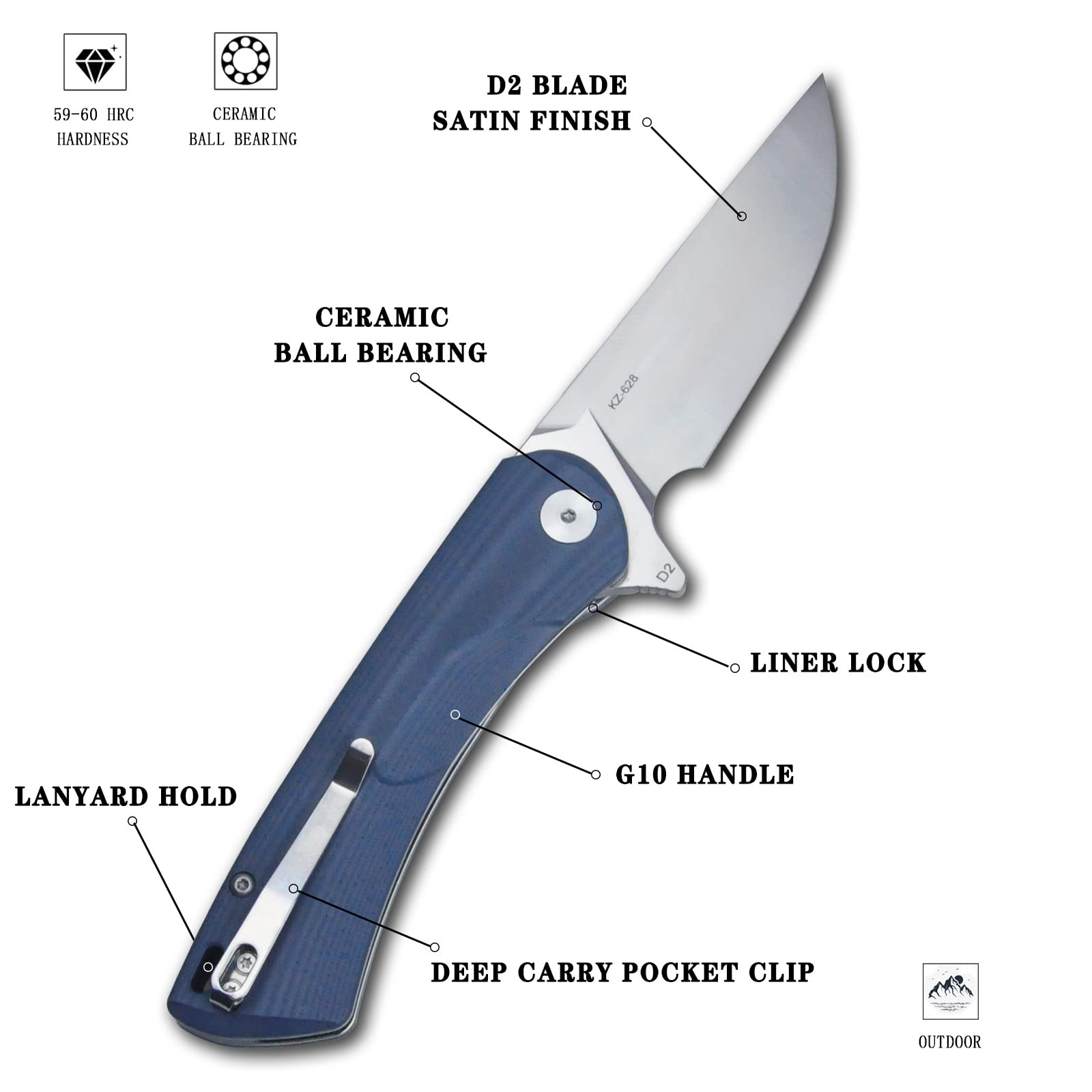 KERZEMAN Folding Pocket Knife, 3.81 "D2 Steel Knife G10 Handle EDC Knife, With Pocket Clip, Liner Lock, Sharp Survival Knife, Camping Survival Hiking Knife KZ-628-G10-BU