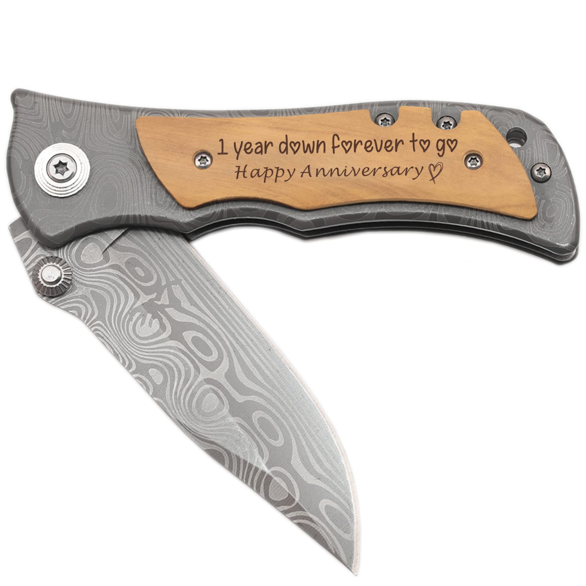 XJF 1 year Down Forever to Go Happy Anniversary Engraved Pocket Knife Gift, 1st Wedding Anniversary Keepsake Gift for Husband, 1 Year Paper Wedding for Him