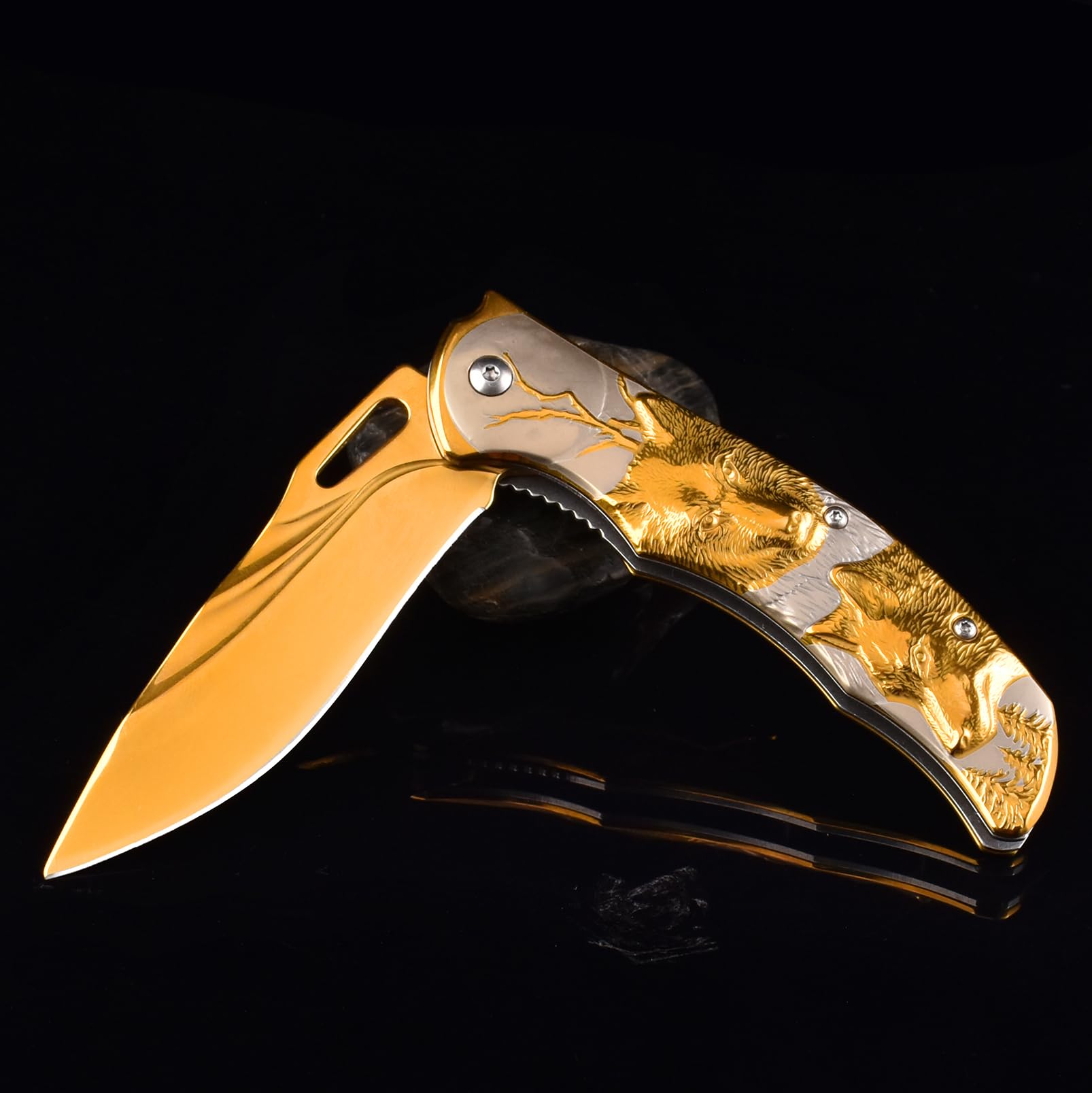 Pocket Knife for Men, Folding Knife With Clip & 3D TITANIUM PLATED WOLF Relief, Embossed Edc Knife For Men Outdoor Survival Camping Hiking hunting (Gold)