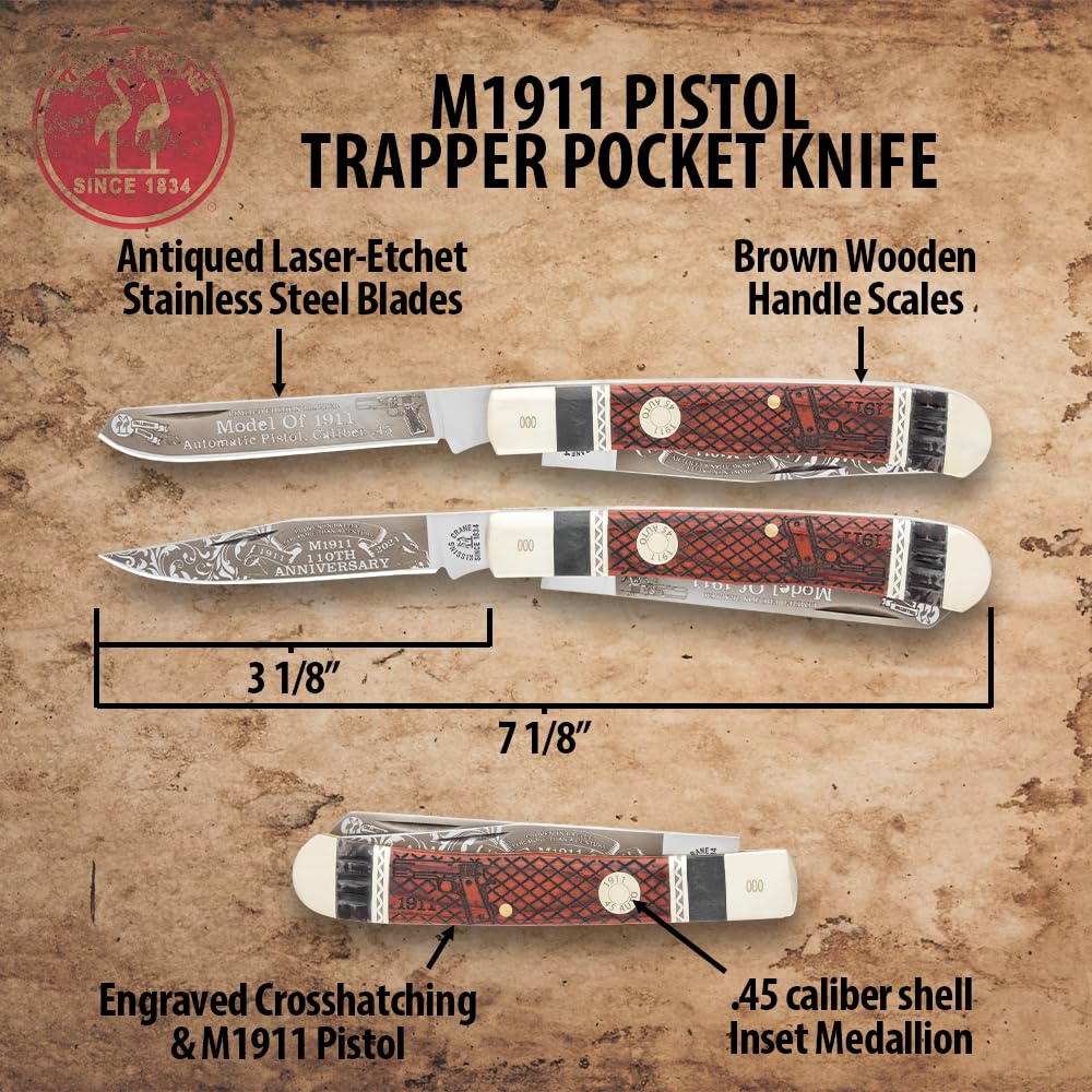 KISSING CRANE Pocket Knife for Men | Dual Stainless Steel Blades | Folding Knife with Scaled Handle | Laser-Etched Artwork of Legendary M1911 | Limited Edition Trapper Knife