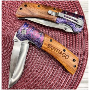 Gifts for Men - Custom Engraved Pocket Knife - Fishing Camping Hunting Personalized Gift Sturdy Wooden Handle & Sharp Thick Blade, Perfect for Dad Boyfriend Groomsmen Husband Son Father's Day Anniversary Birthday Valentines & More (Knife Engraved)