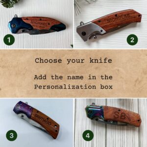 Personalized POCKET KNIFE Engraved Wood Folding Knive Stainless Steel l Standard Edge 5" Blade Wood Handle With Ultra-Secure & Comfortable Belt Clip Custom Gifts for Him Men Dad Boyfriend Father Husband Anniversary Groomsmen (Knife Engraved)