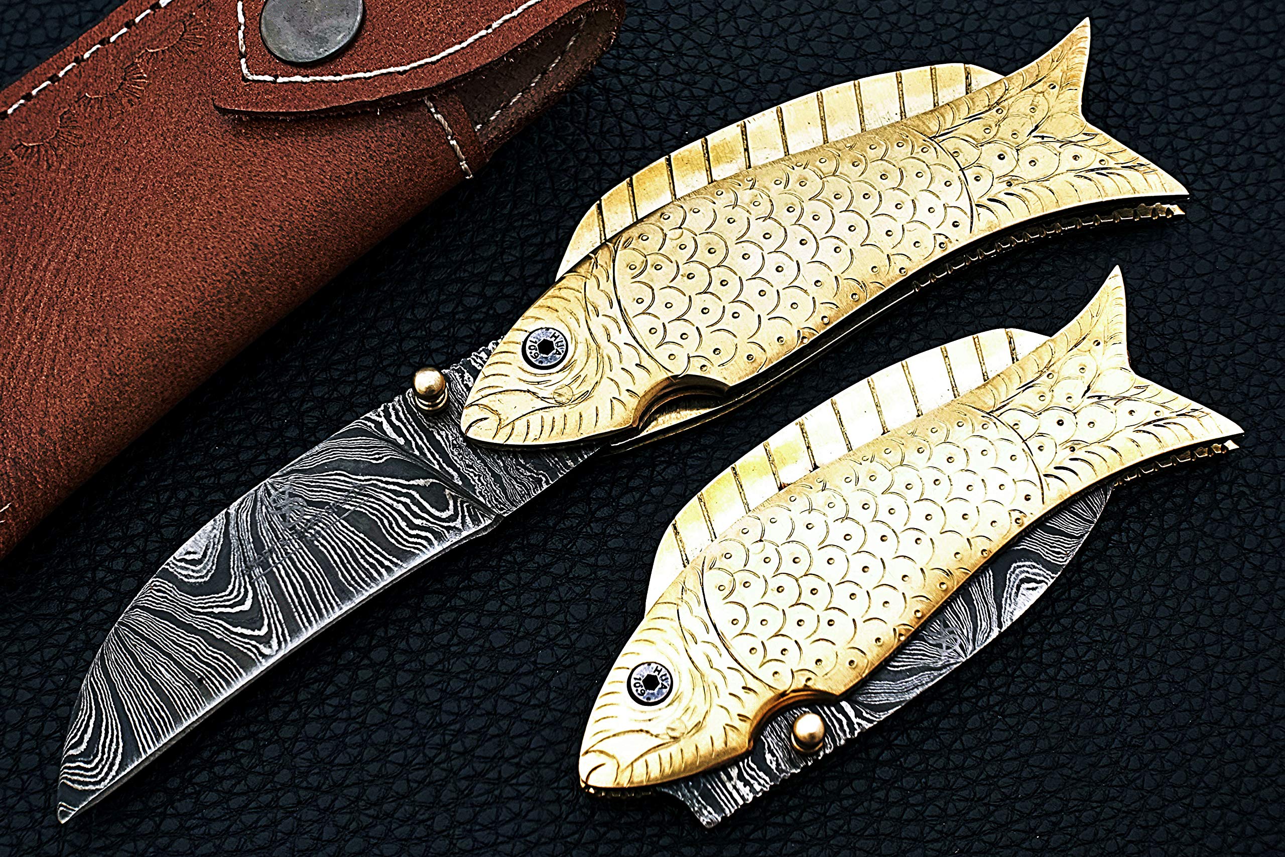 Smart & Sharp Custom Handmade Damascus Steel Fish Knife/Folding Knife/Pocket Knife SS-17370(Brass Engraved Handle) (brass)